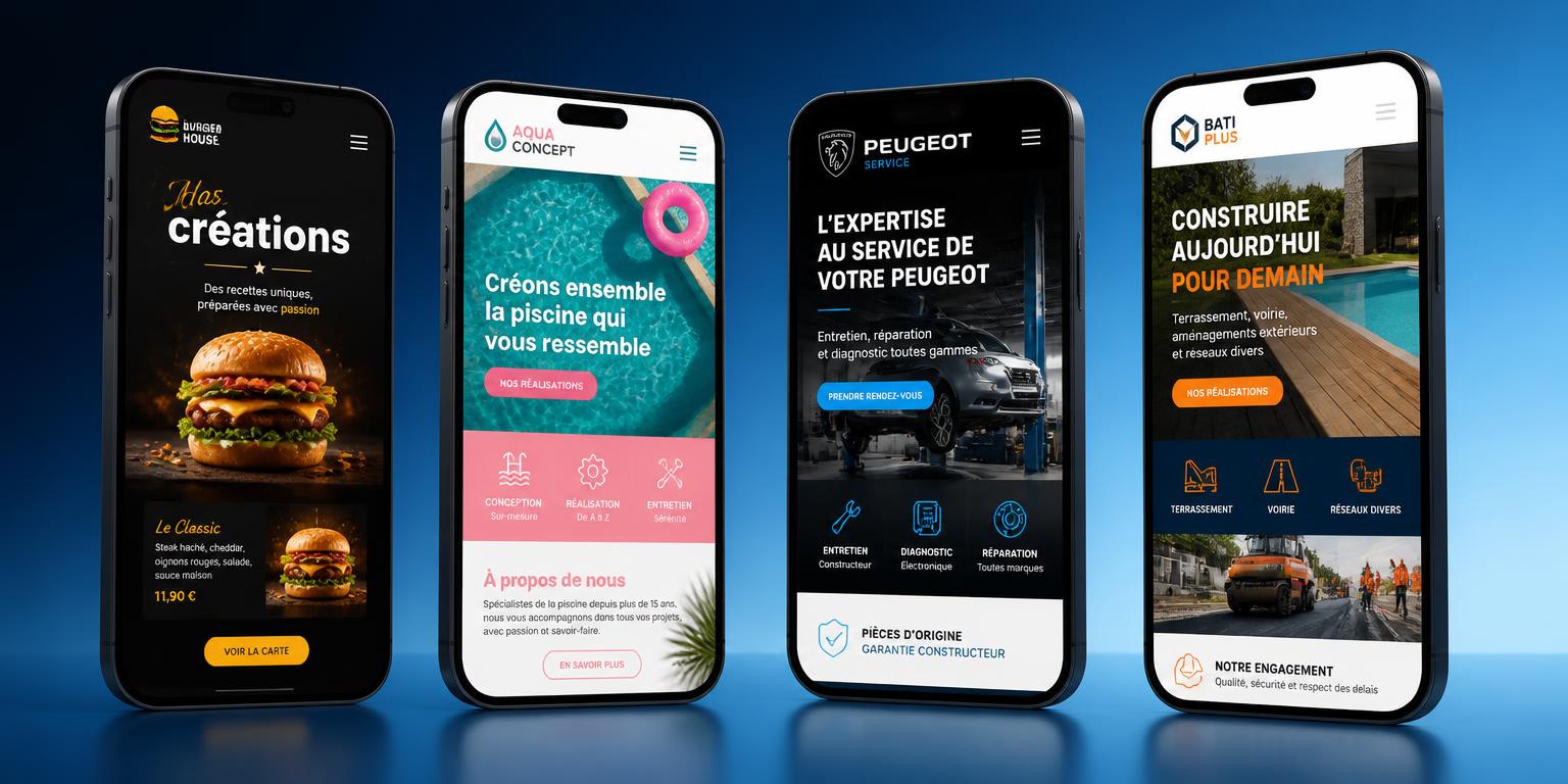 Quatre téléphones présentant des sites mobiles professionnels créés par Fedelsy : restaurant, pisciniste, garage automobile et entreprise de construction